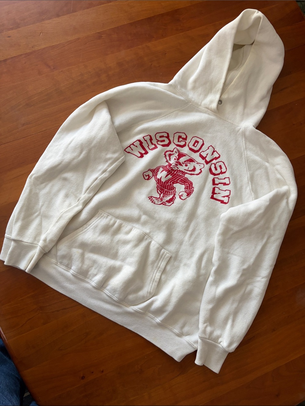 Vintage Champion White Hoodie with Red University of Wisconsin Badger
